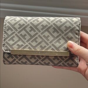Tommy Hilfiger Gray Monogram Foldover Card Holder with Gold Accent